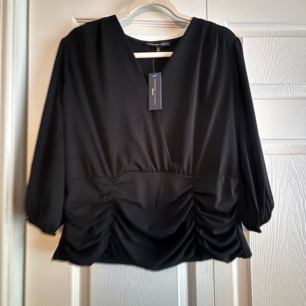Adrienne Vittadini Black Puff Sleeve Ruched Blouse